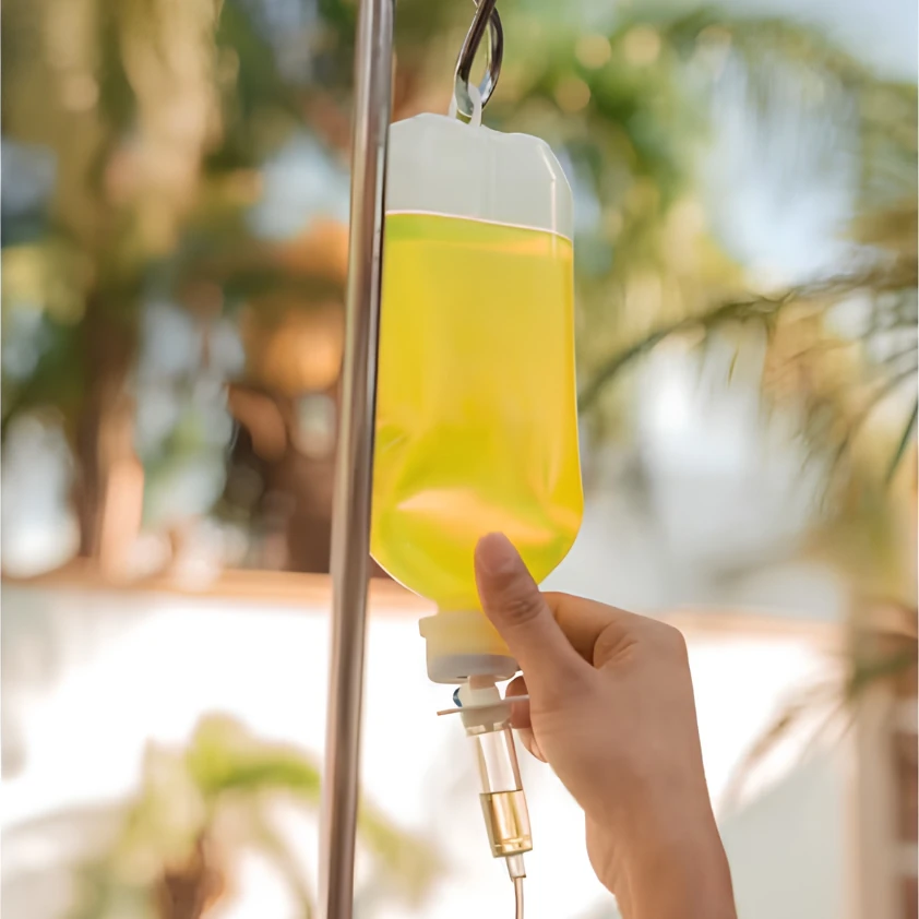 A yellow IV vitamin infusion bag on a drip stand